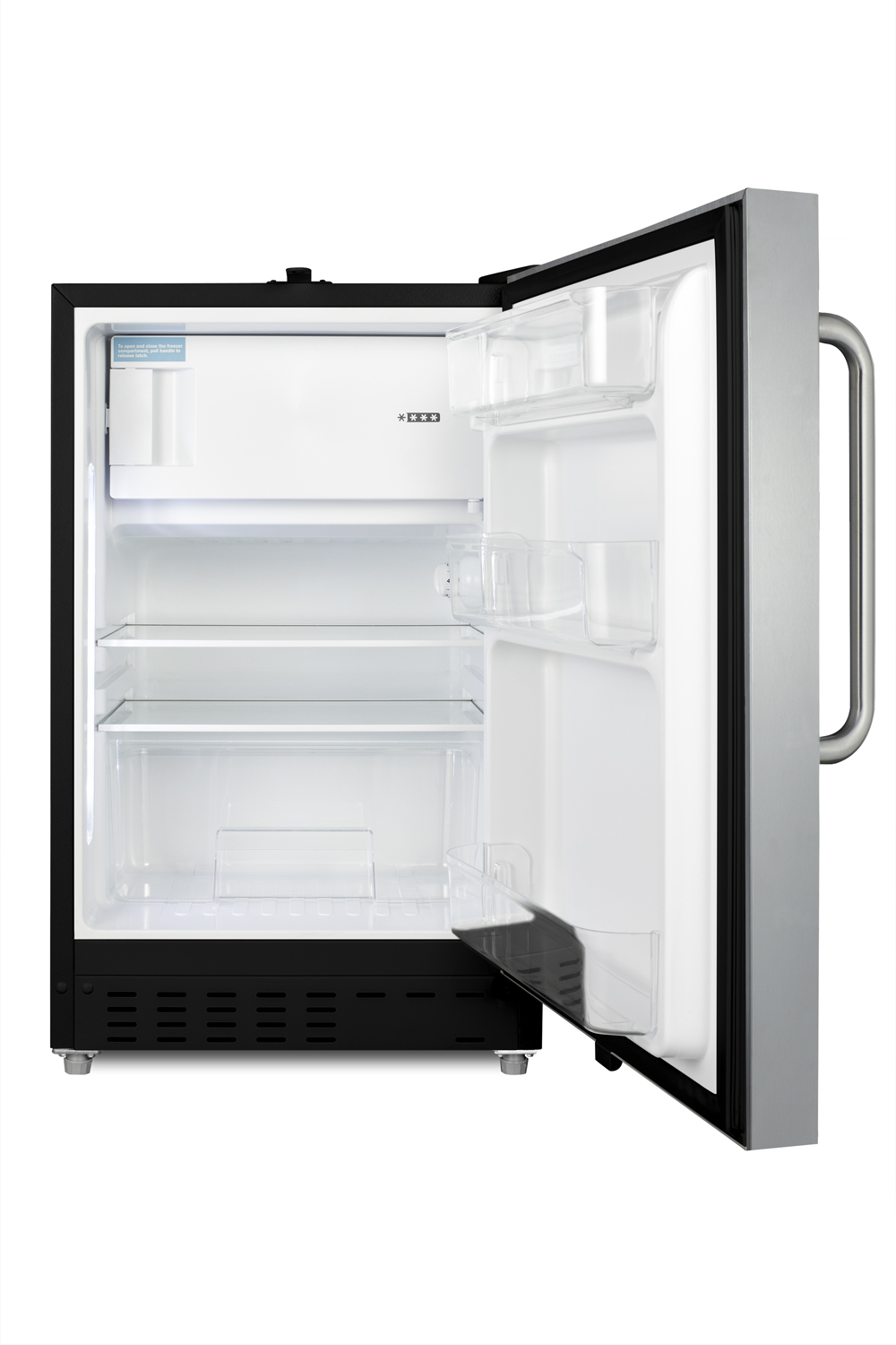 Built-in undercounter ADA compliant refrigerator-freezer with SS cabinet and door with a towel bar handle for residential use, manual defrost with glass shelves, front lock, and door storage